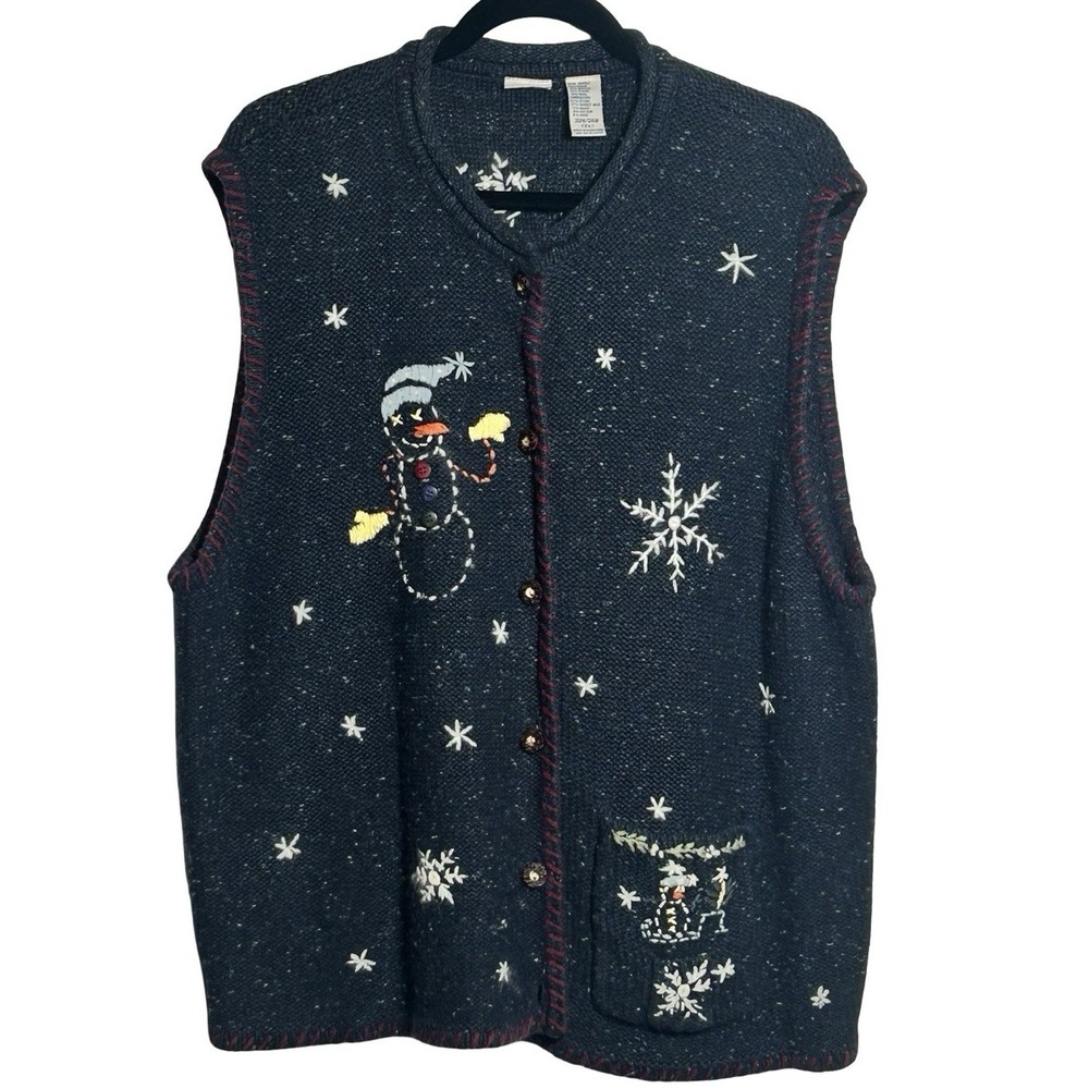 Northcrest Winter Snowman Cardigan‎ Vest Size 22W/24W Embellished Snowflakes